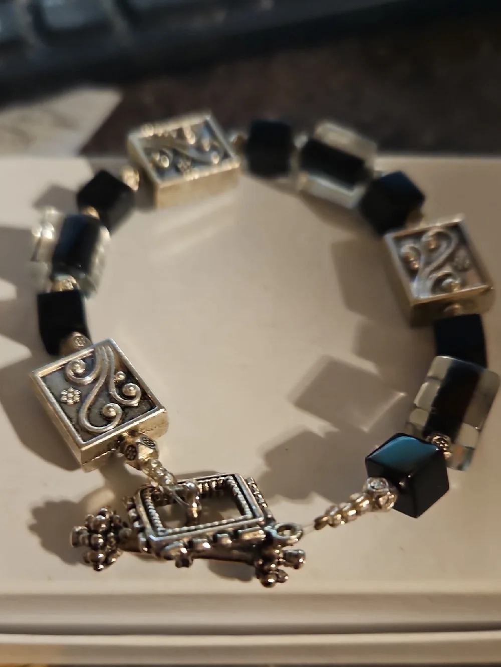 Silvertone Glass Black Beaded Toggle Clasp Bracelet